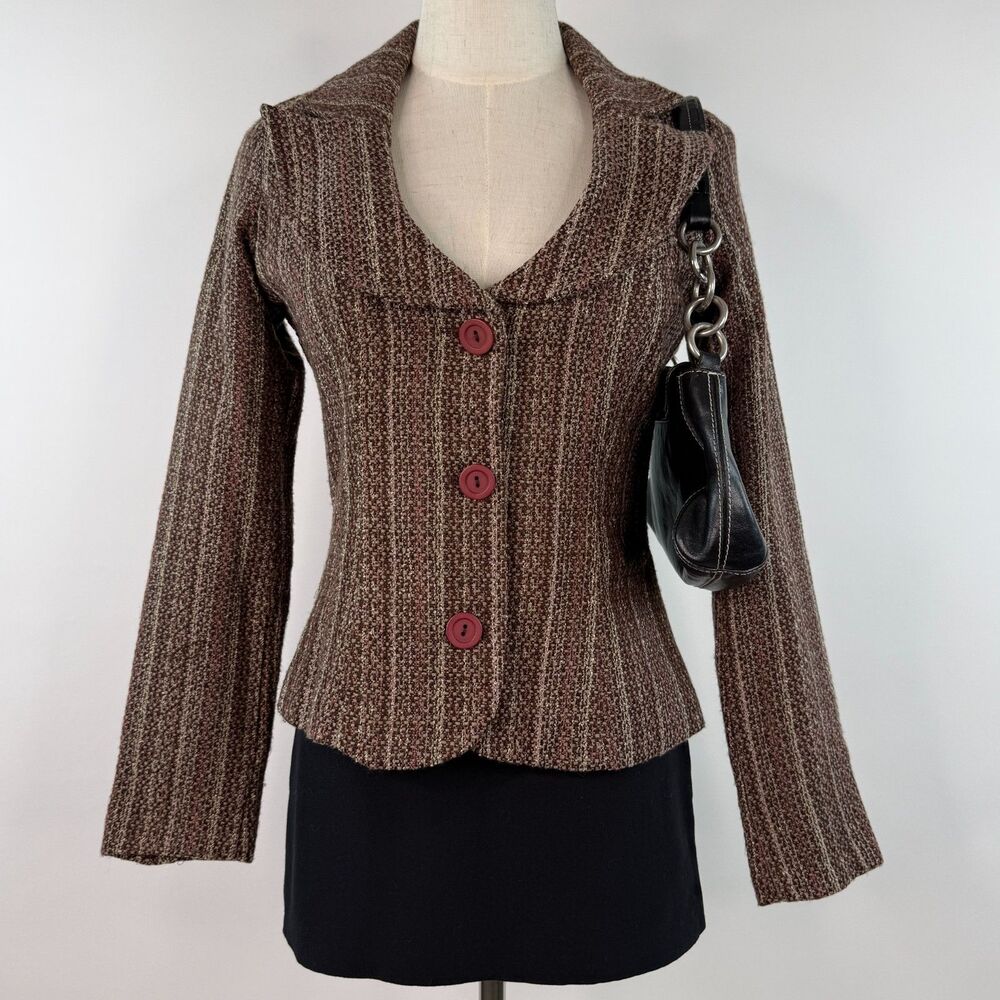 Y2K/Vintage Brown Office Siren Button Up Blazer Scoop Neck Preppy Size PS